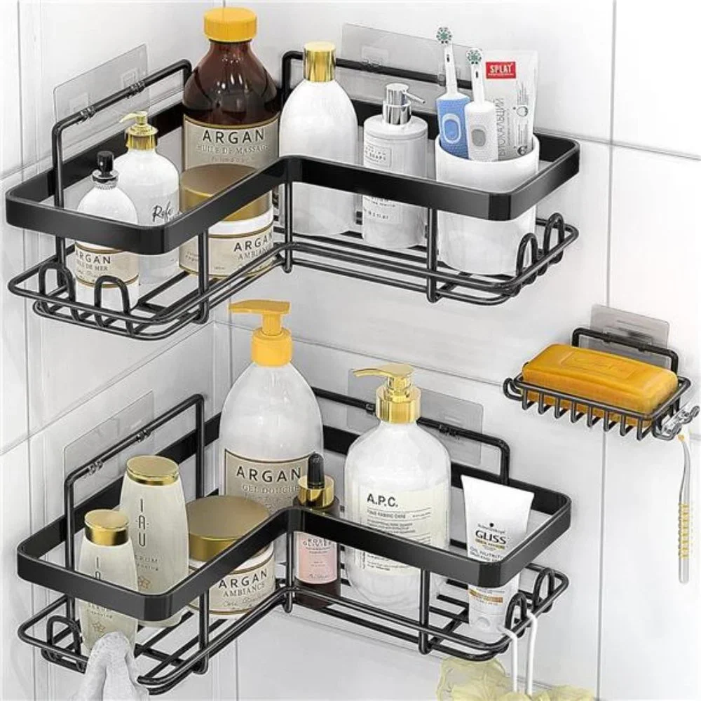 Adhesive Corner Shower Caddy, 3 Pack Organizer Shelf with Soap Holder & 12 Hooks